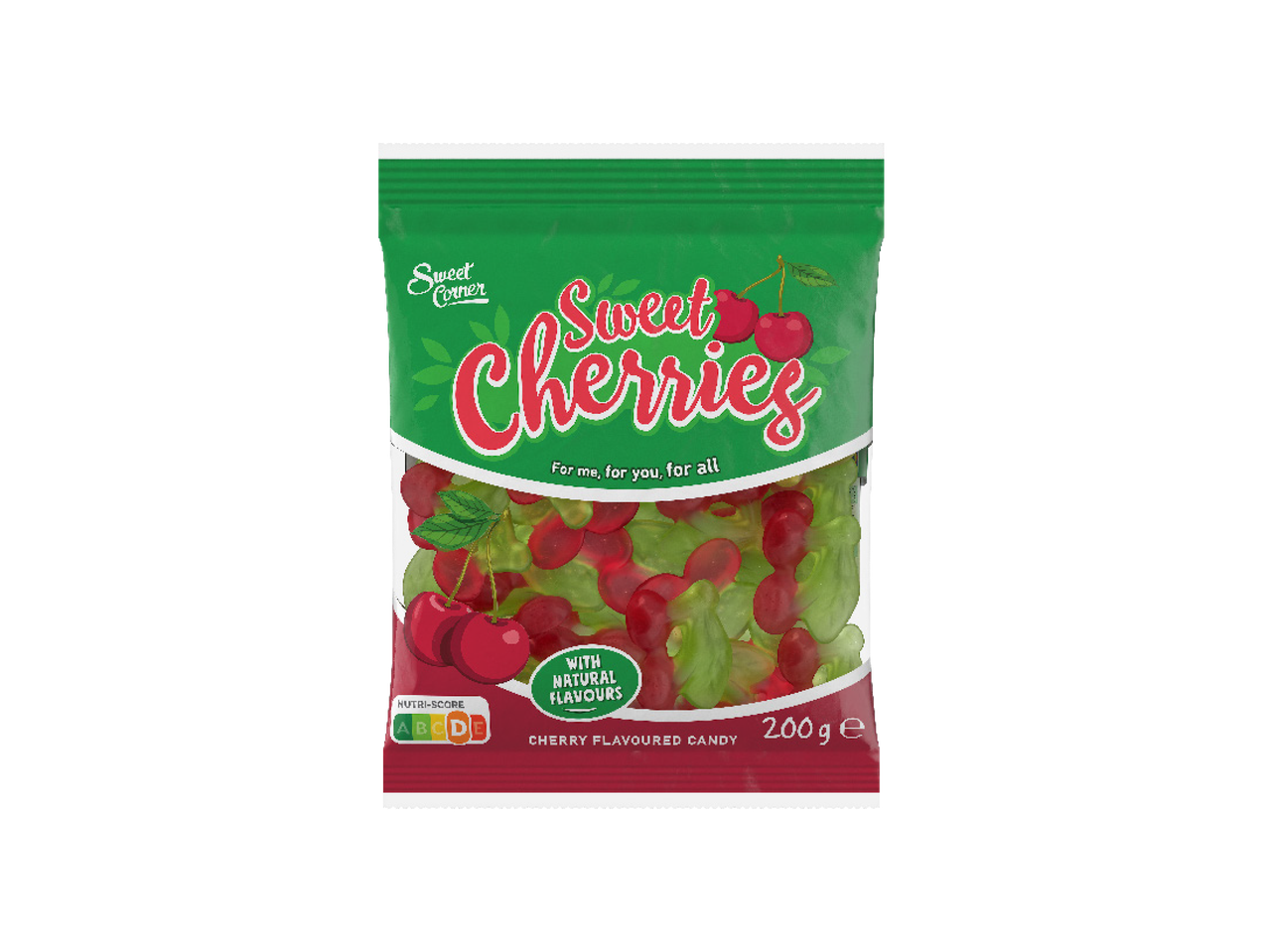 Pakovanje bombona sa ukusom trešnje, sa natpisom „Sweet Cherries“ i Nutri-Score oznakom.