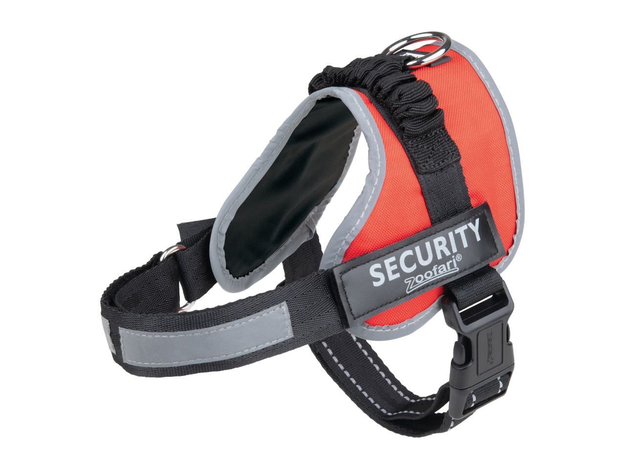 Zooafari Security dog harness in bright orange with reflective strips.
