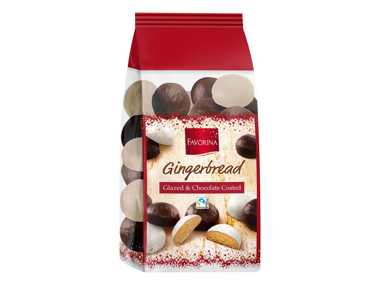 Favorina mézeskalács, mázas és csokoládéval bevont, Fairtrade logóval.