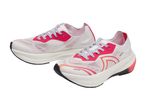 Pair of white and pink running shoes with black and orange accents.