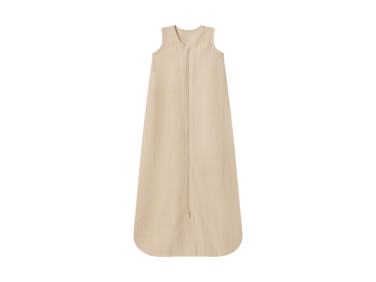 Beige baby sleeping bag with a zipper down the front.