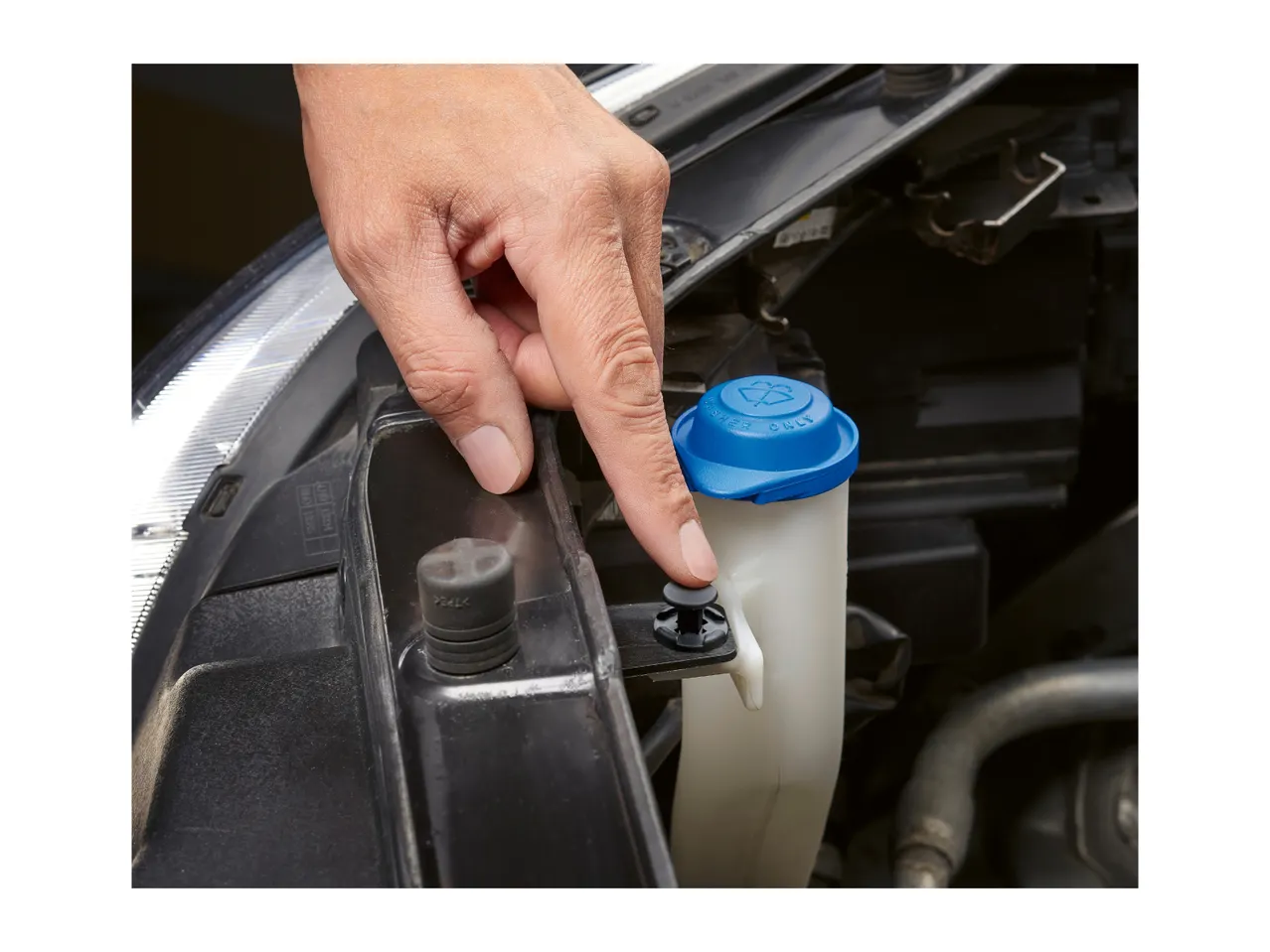 A hand pointing to a black plastic push pin fastener on a car's windshield washer fluid tank.