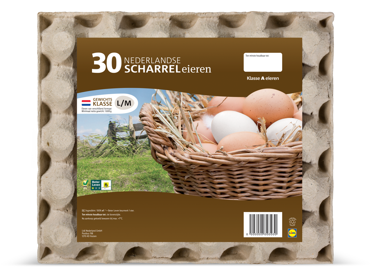 Een kartonnen tray met 30 Dutche scharreleieren van Lidl.