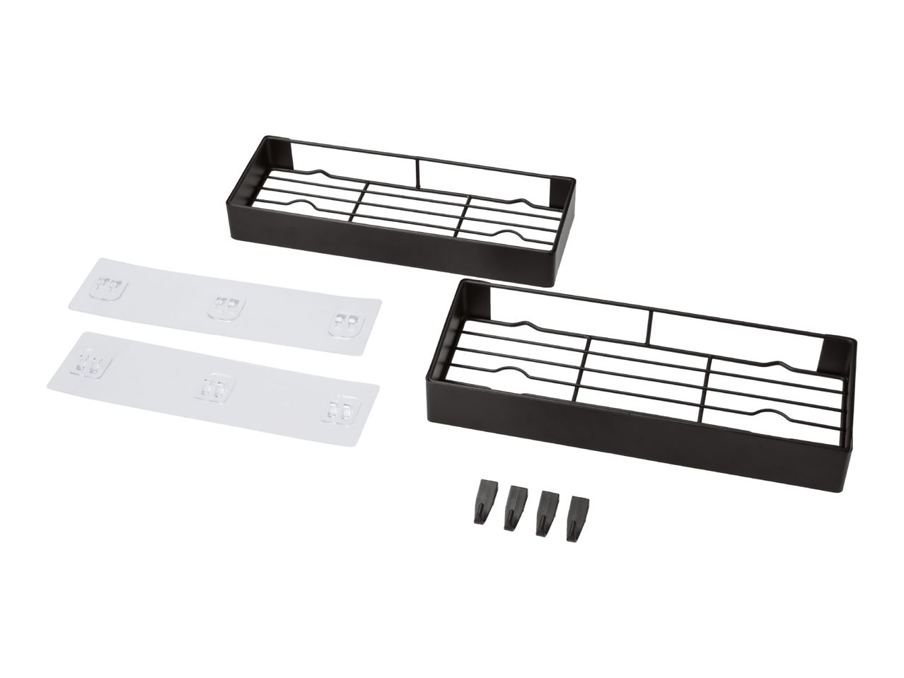 Two black metal shower caddies with clear adhesive strips and hooks.