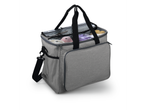 Grey yarn bag with compartments for yarn balls and knitting accessories.