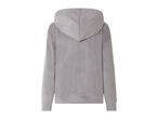 Back view of a light gray velour hoodie with a hood and ribbed cuffs.