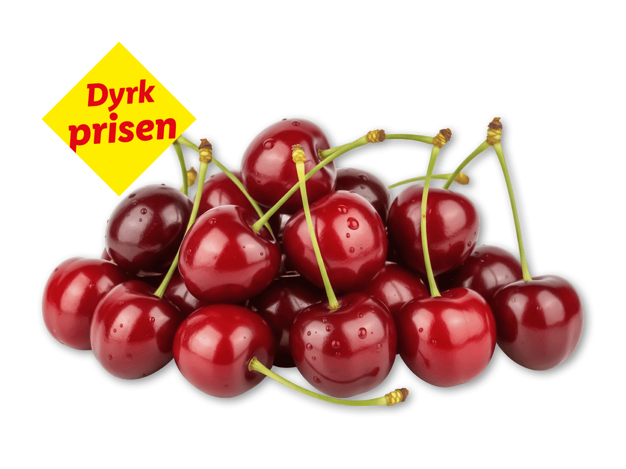 En bunke friske, røde kirsebær med stilke og vanddråber, med teksten 'Dyrk prisen'.