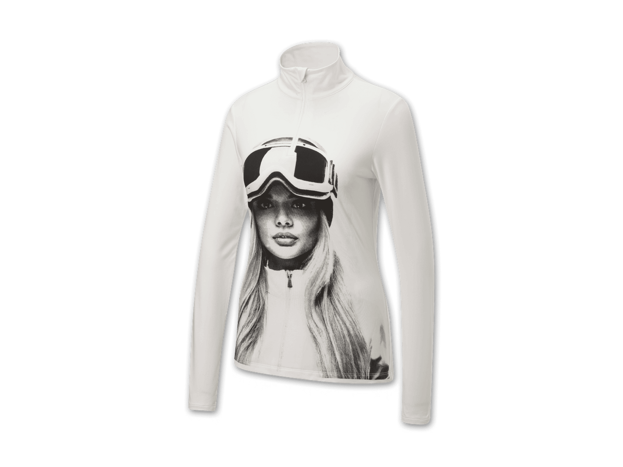 Weißes Langarmshirt mit Reißverschluss und einem Schwarz-Weiß-Druck einer Frau mit Skibrille