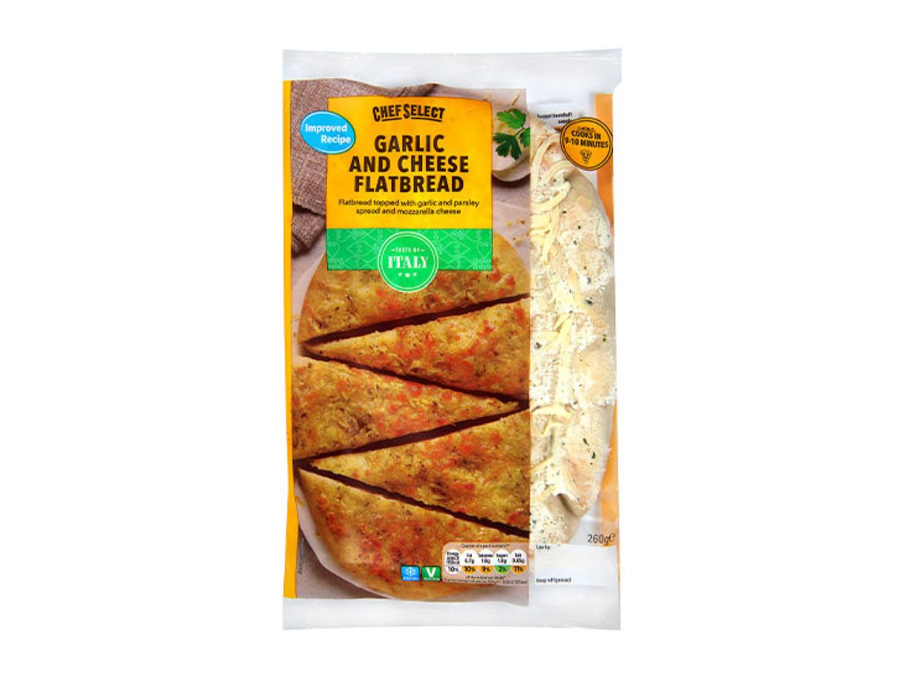 Packaged garlic and cheese flatbread, improved recipe, cooks in 9-10 minutes, 260g.