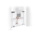 White Safety 1st pet gate with a small dog sitting behind it in a doorway.