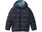 Dark blue puffer jacket with a light blue lining in the hood