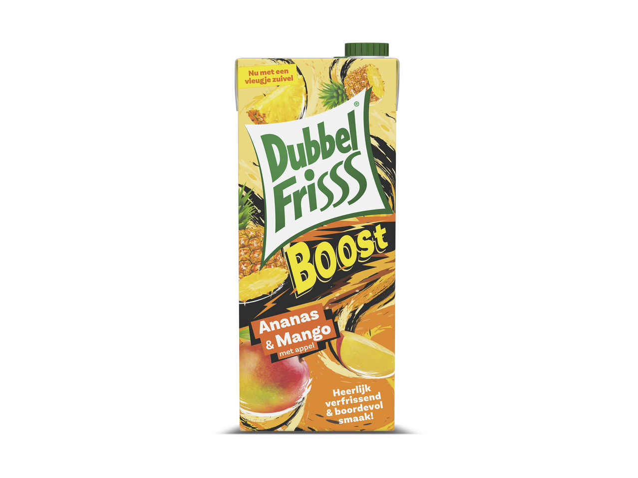 Een pak ananas- en mangosap met appel, met de tekst 'Heerlijk verfrissend & boordevol smaak!' en 'Nu met een vleugje zuivel'.