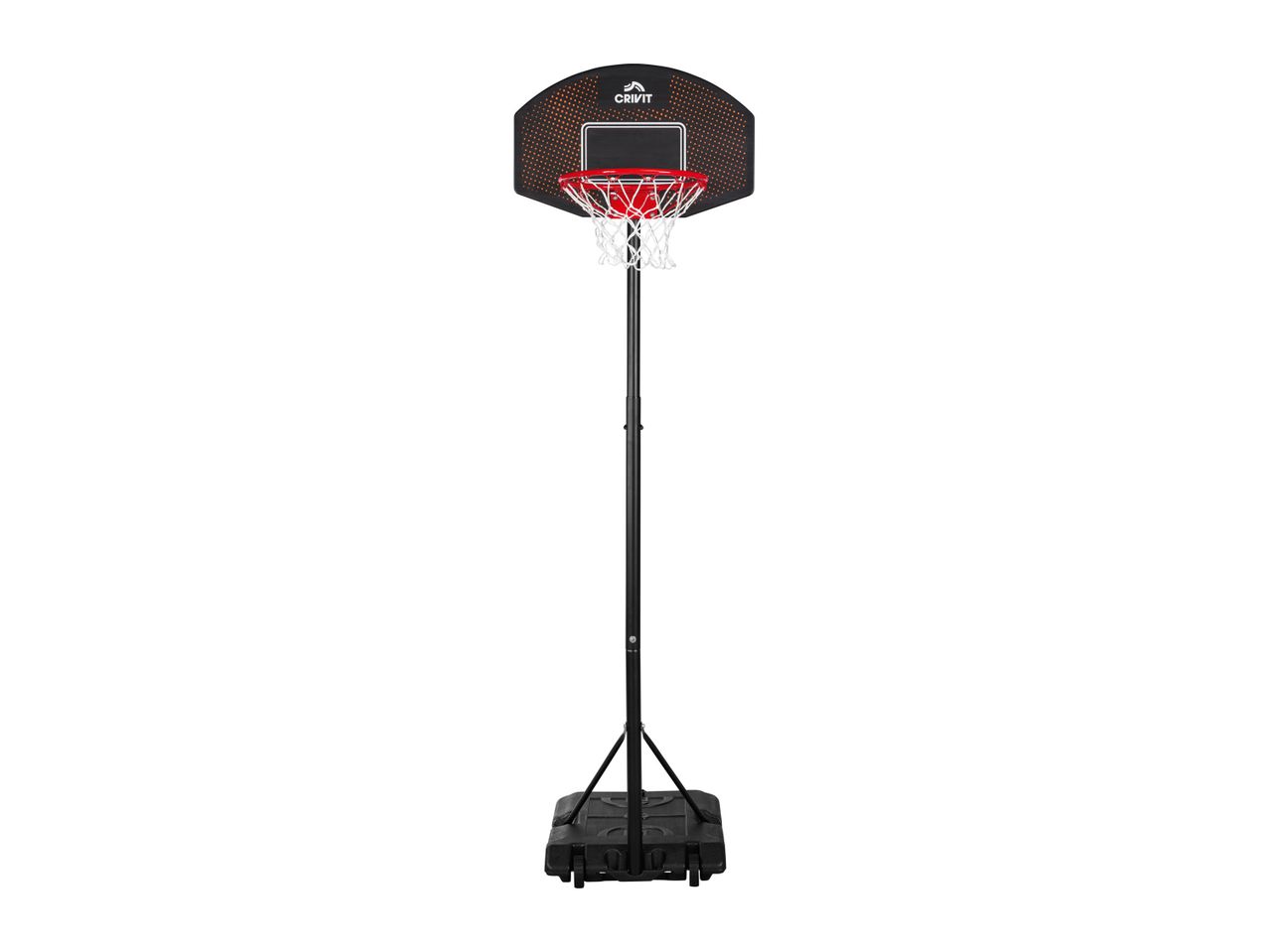 Portable basketball hoop stands on a wide base.