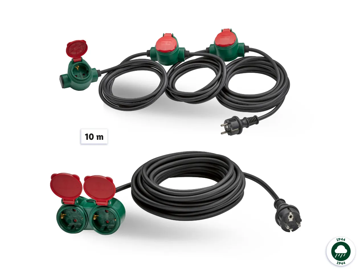Produžni kabel s tri utičnice i kabelom od 10 metara, s dodatnim produžnim kabelom s dvije utičnice.