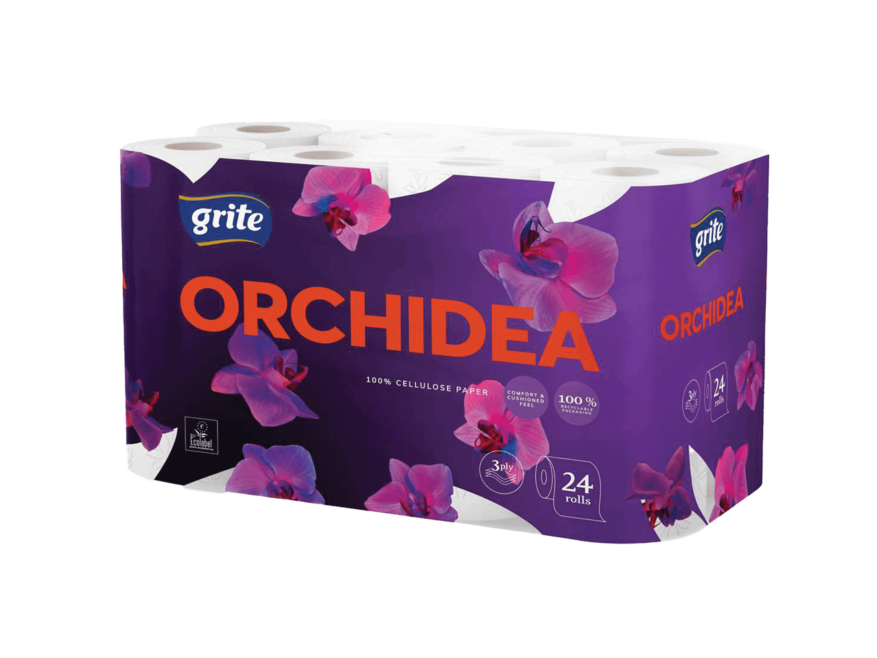 „Grite Orchidea“ tualetinis popierius, 24 ritinėliai, 3 sluoksnių, su orchidėjų atvaizdais.