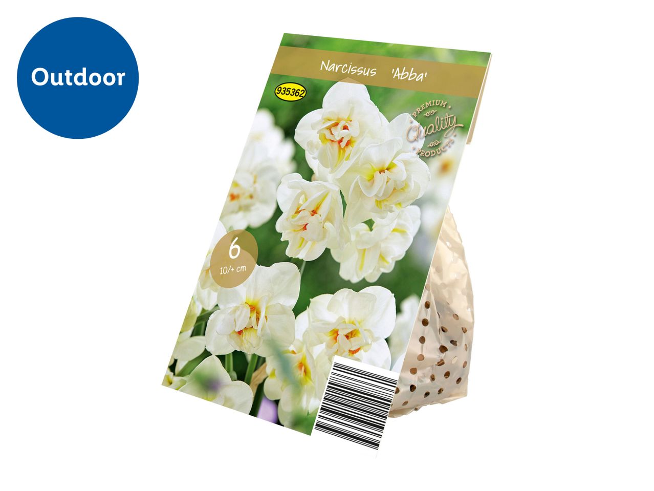 A package of 'Narcissus Abba' flower bulbs, labeled for outdoor use.