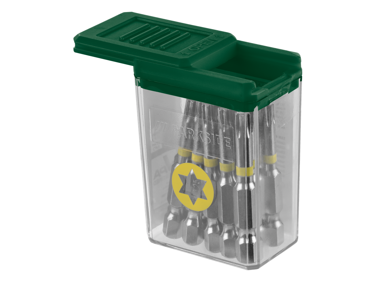 Parkside® bitset in een transparante doos met groene deksel.