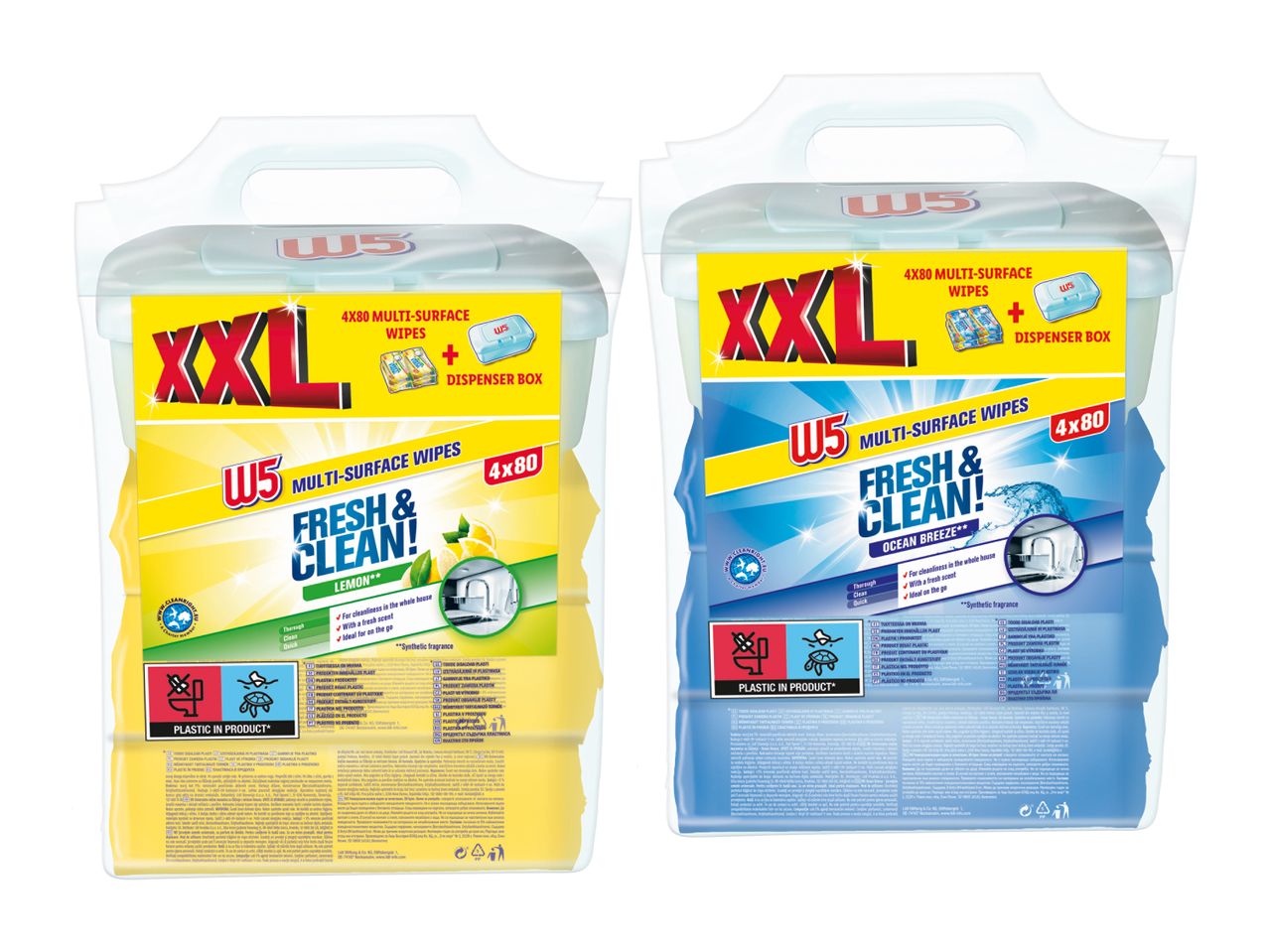 Dve embalaži detergenta za pranje perila XKL Extra Stain, rumena in modra.