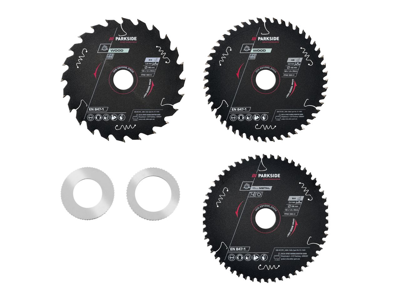 Drei Kreissägeblätter für Holz und Metall mit zwei Reduzierringen.