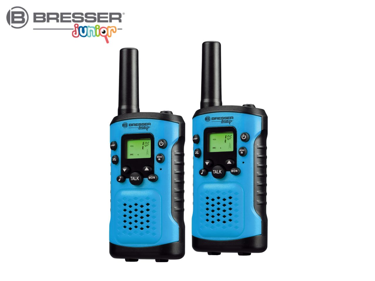 Two blue and black walkie-talkies with a digital display and various buttons.
