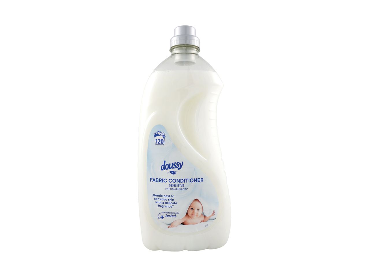 White fabric conditioner for sensitive skin with a baby on the label, 120 washes.