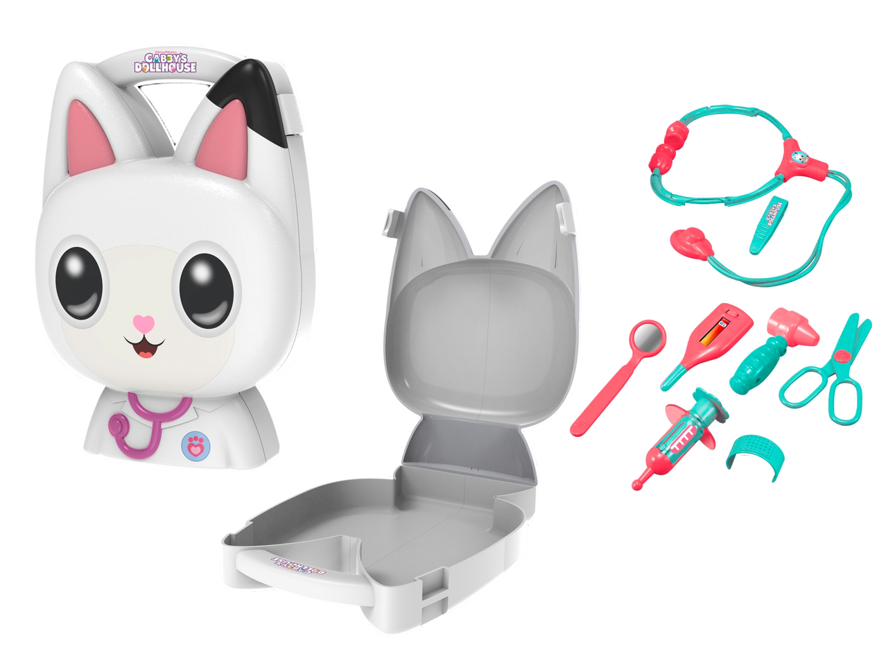 Mala Gabby's Dollhouse em forma de gato com kit médico