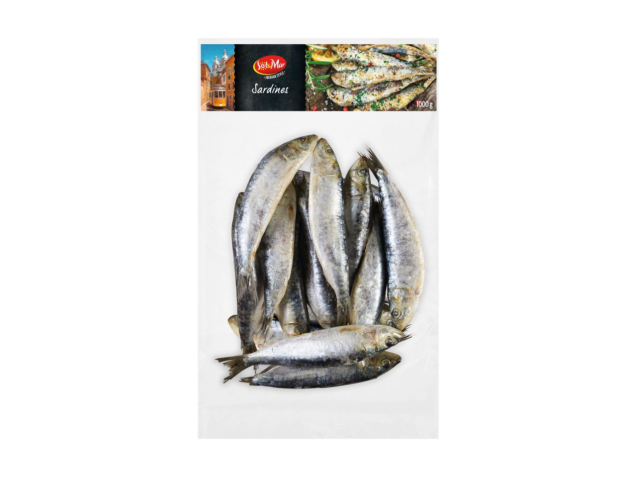 SOL & MAR Sardines, Iberische stijl, 1000g, met een tramscène uit Lissabon en gegrilde sardines.