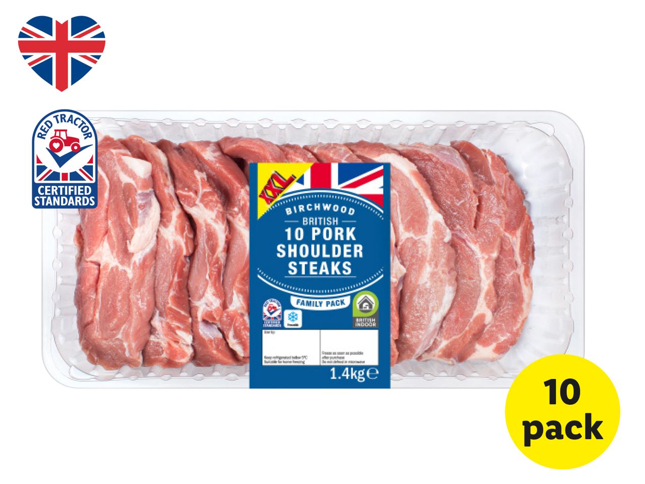 Ten-pack of British pork shoulder steaks in plastic packaging.