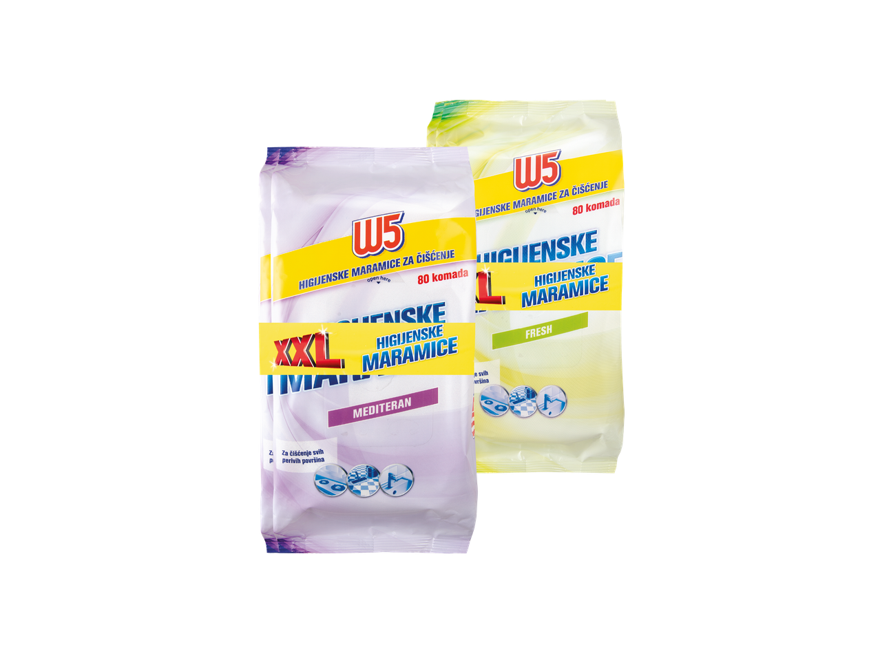 W5 higijenske maramice za čišćenje, XXL Mediteran i Fresh, 80 komada.