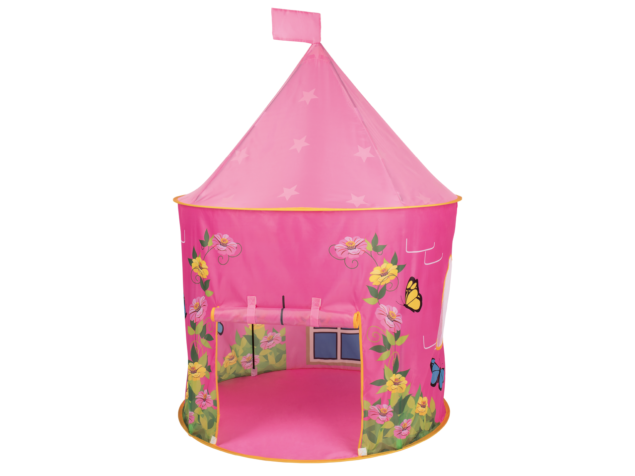 Розова детска палатка за игра с принт на цветя, пеперуди и звезди