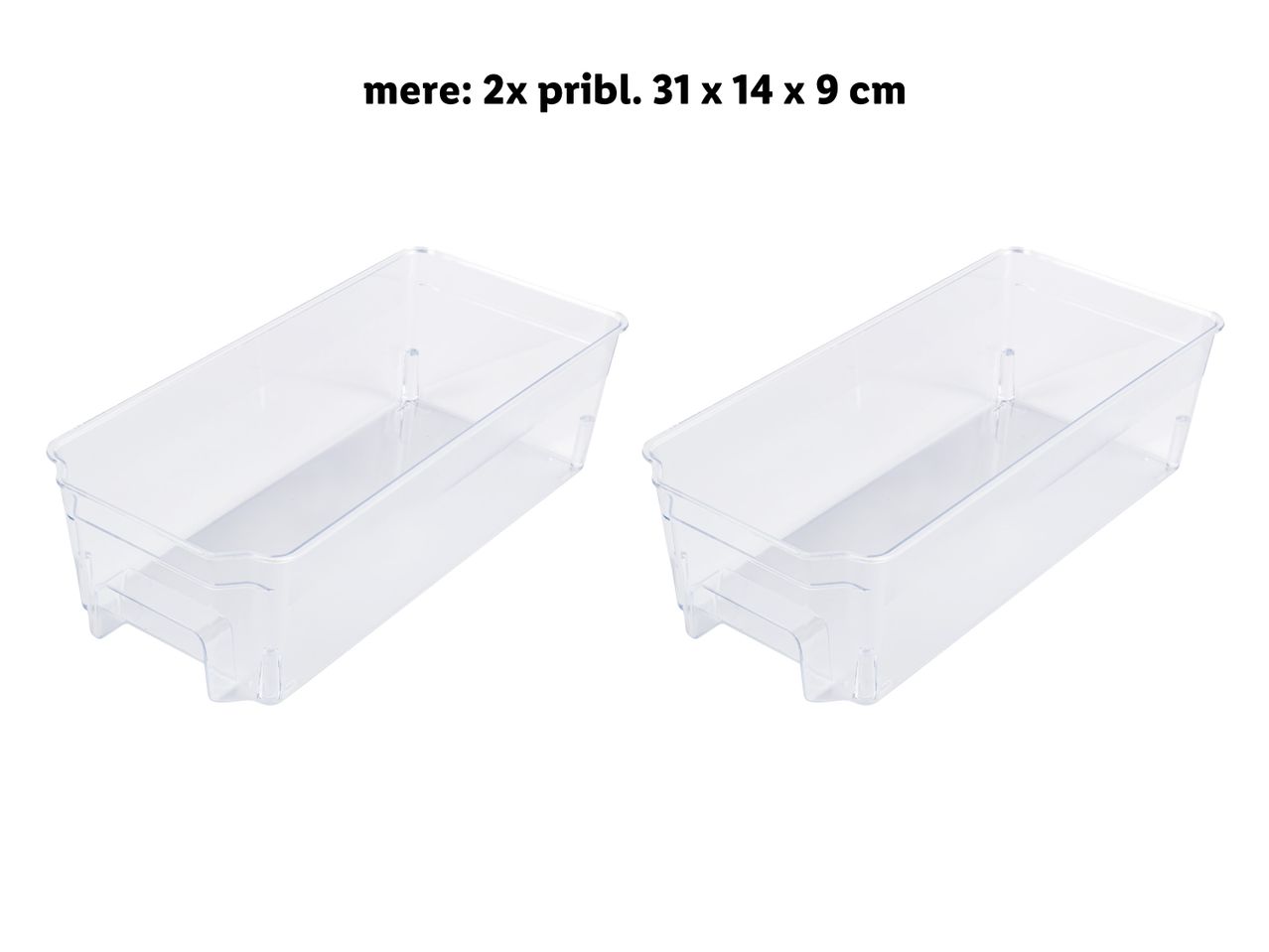 Dva prozorna plastična pladnja, mere približno 31 x 14 x 9 cm.