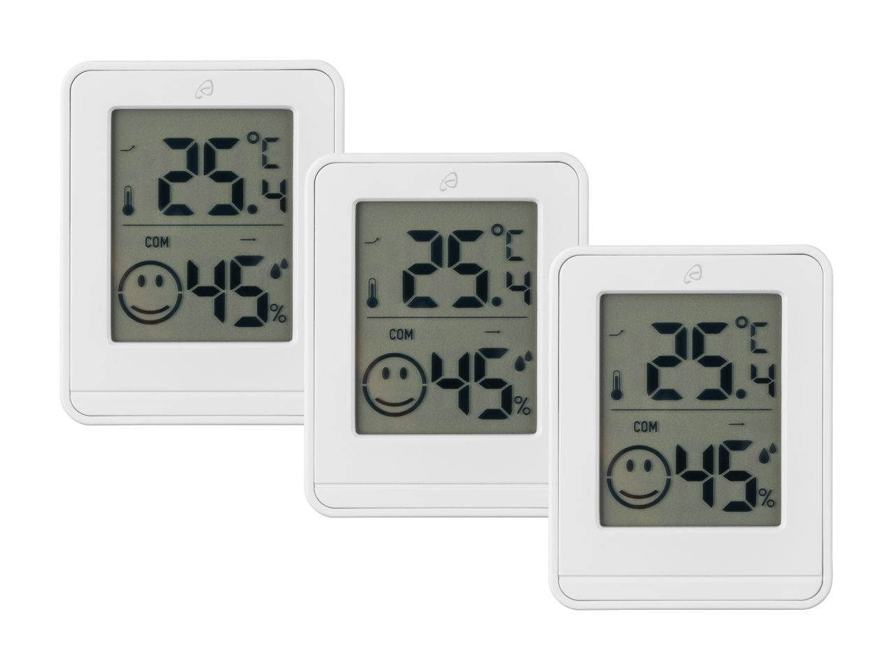 Tre hvide digitale termometre viser 25°C og 45% luftfugtighed.