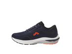 Scarpa da corsa blu navy con accenti arancioni e suola bianca.
