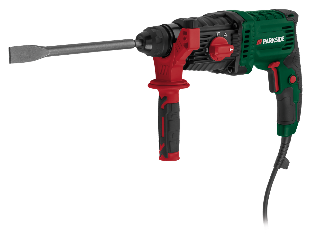 A green and black hammer drill with a red handle and a chisel bit attached.
