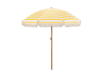 Gelb-weiß gestreifter Sonnenschirm für den Strand oder Garten.