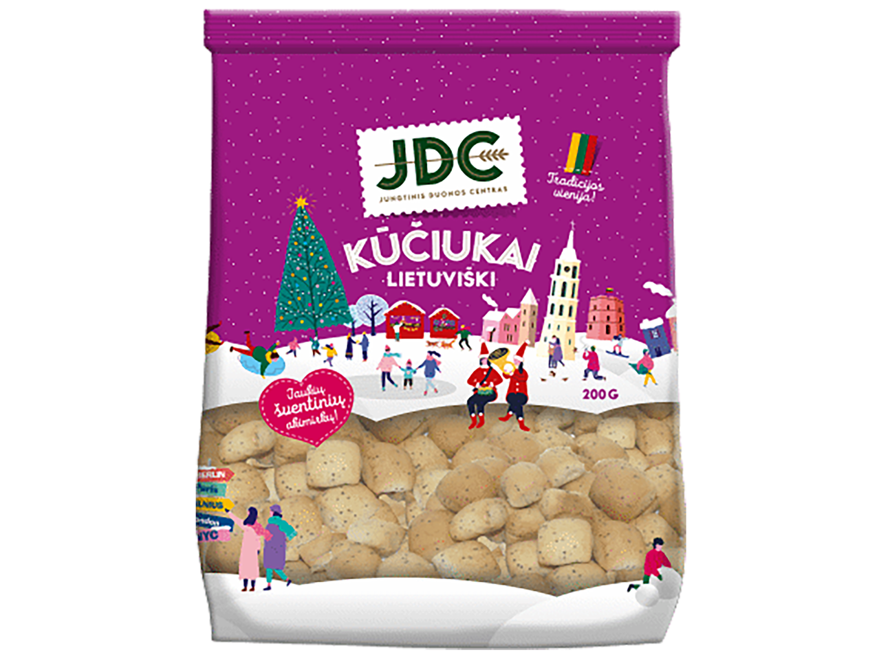 JDC Kūčiukai Lietuviški, violetinis maišelis su žiemos kaimo scena ir žmonėmis.