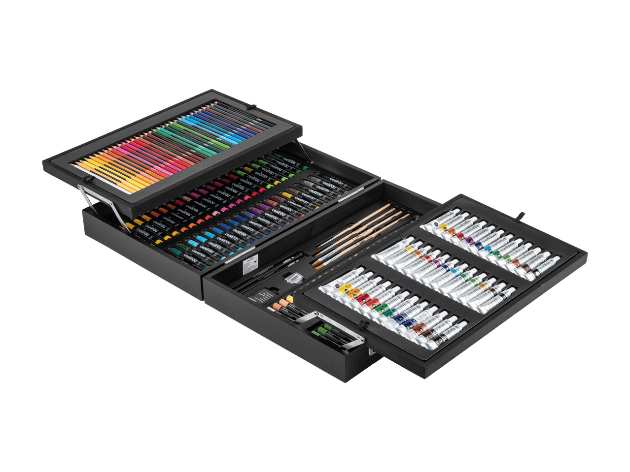 Crelando-taidesetti, jossa on värikyniä, tusseja, siveltimiä ja maaleja.