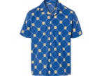 Blue short-sleeved shirt with a repeating pattern of yellow and red circular logos.