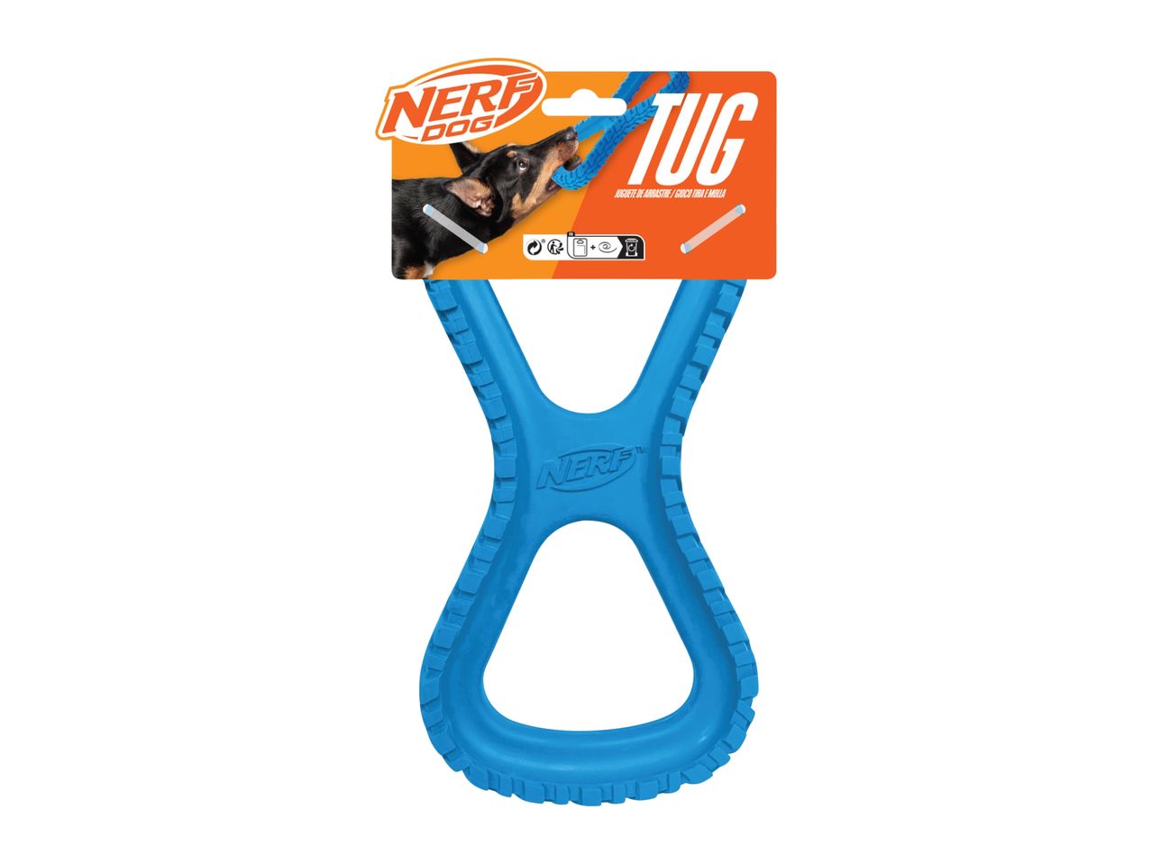 Nerf Dog Tug is a blue rubber dog toy with a handle.