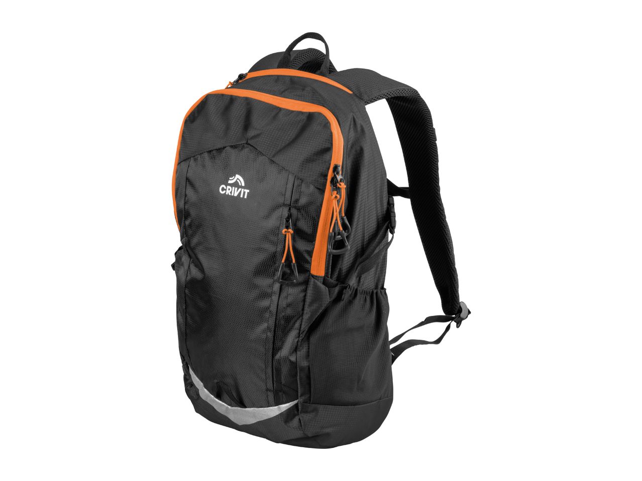 A black Crivit backpack with orange accents is shown against a white background.