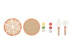 Wooden toy pizza set with slices, toppings, a pizza board, and serving utensils.