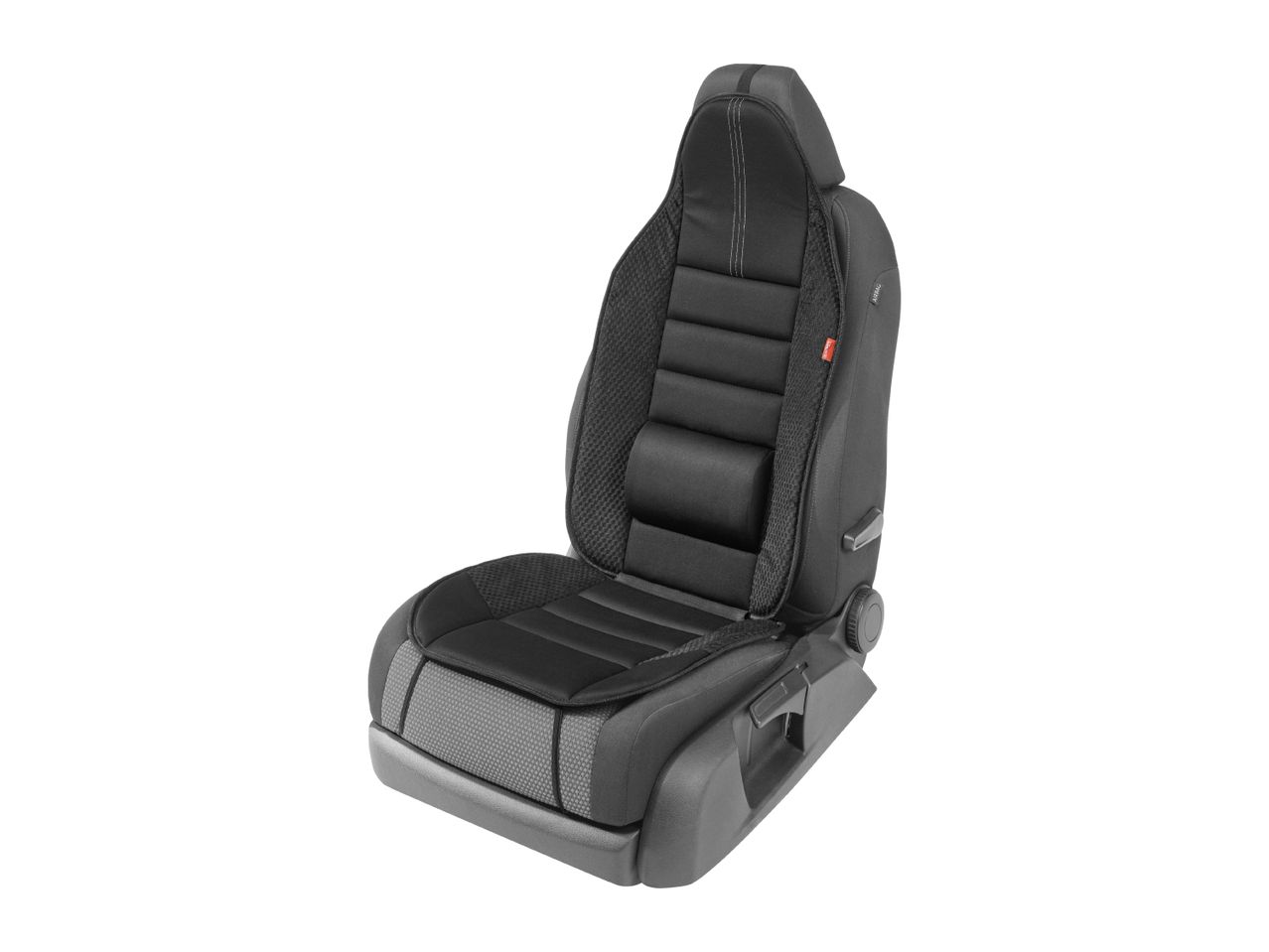 Black car seat with a backrest and seat cushion, featuring textured fabric and an adjustable lumbar support.