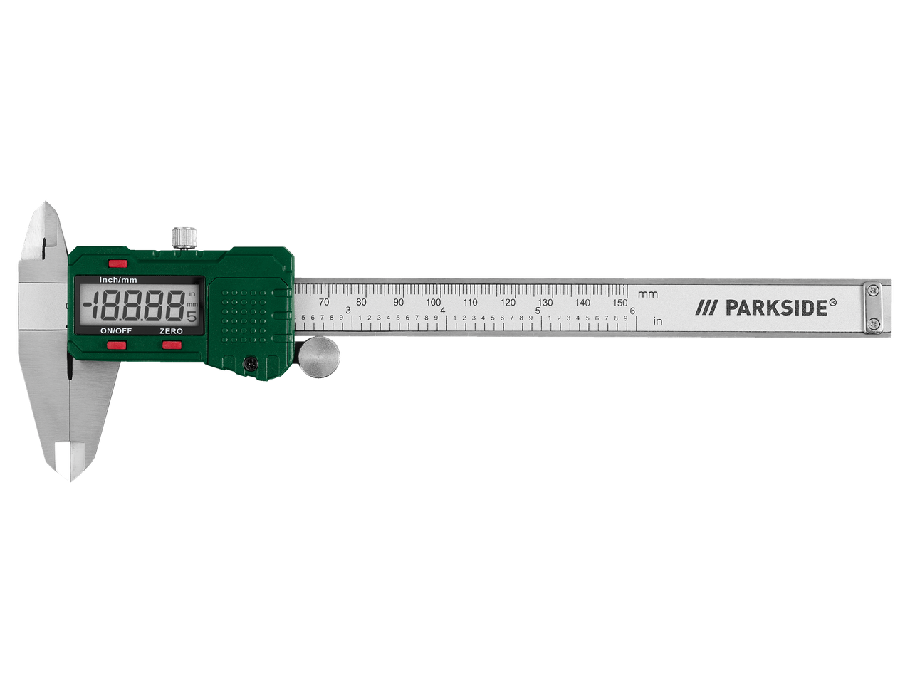 Paquímetro digital Parkside com display LCD e medições em polegadas/mm.