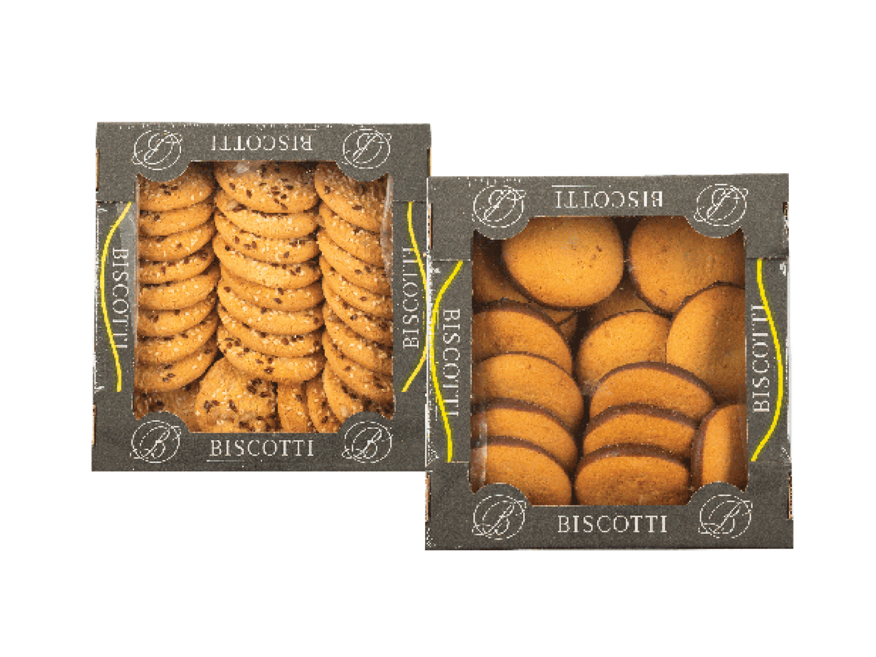 Dvi dėžutės „Biscotti“ sausainių: vienoje – su sėklomis, kitoje – su šokoladu.