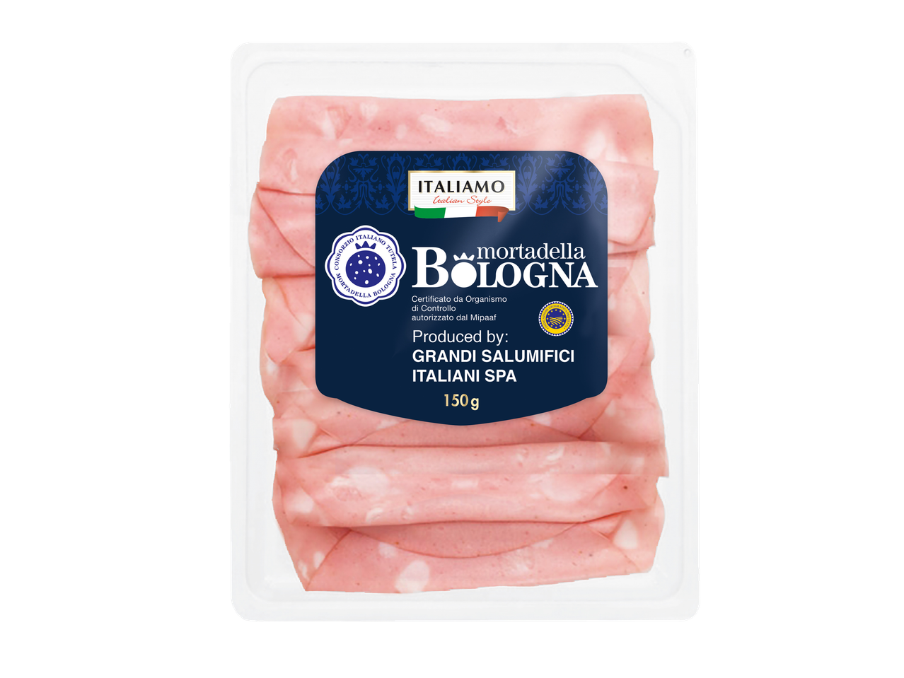 Italimo Mortadella Bologna, 150g, geproduceerd door Grandi Salumifici Italiani.