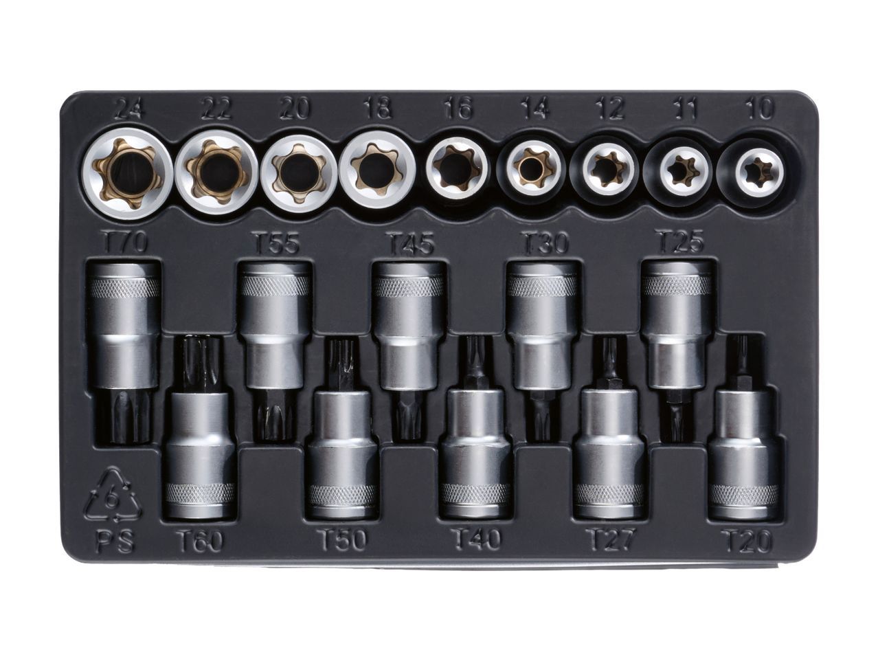 A set of Torx and E-Torx sockets in a black plastic tray, ranging from T20 to T70 and E10 to E24.