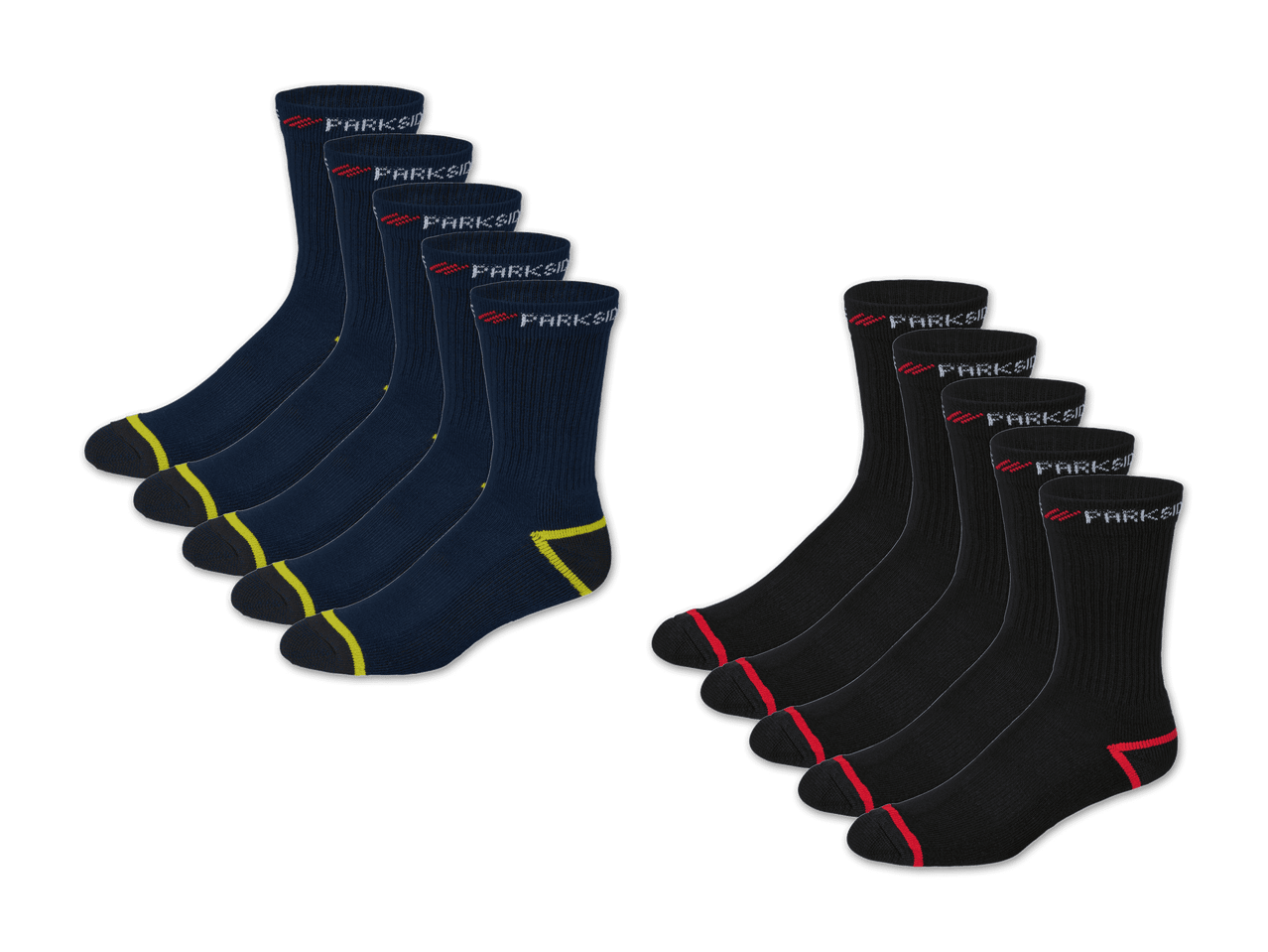 Zwei 7er-Packs Socken: dunkelblau mit gelben und schwarz mit roten Akzenten.