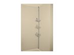 A tension pole shower caddy with three corner shelves holding bottles of soap and shampoo.