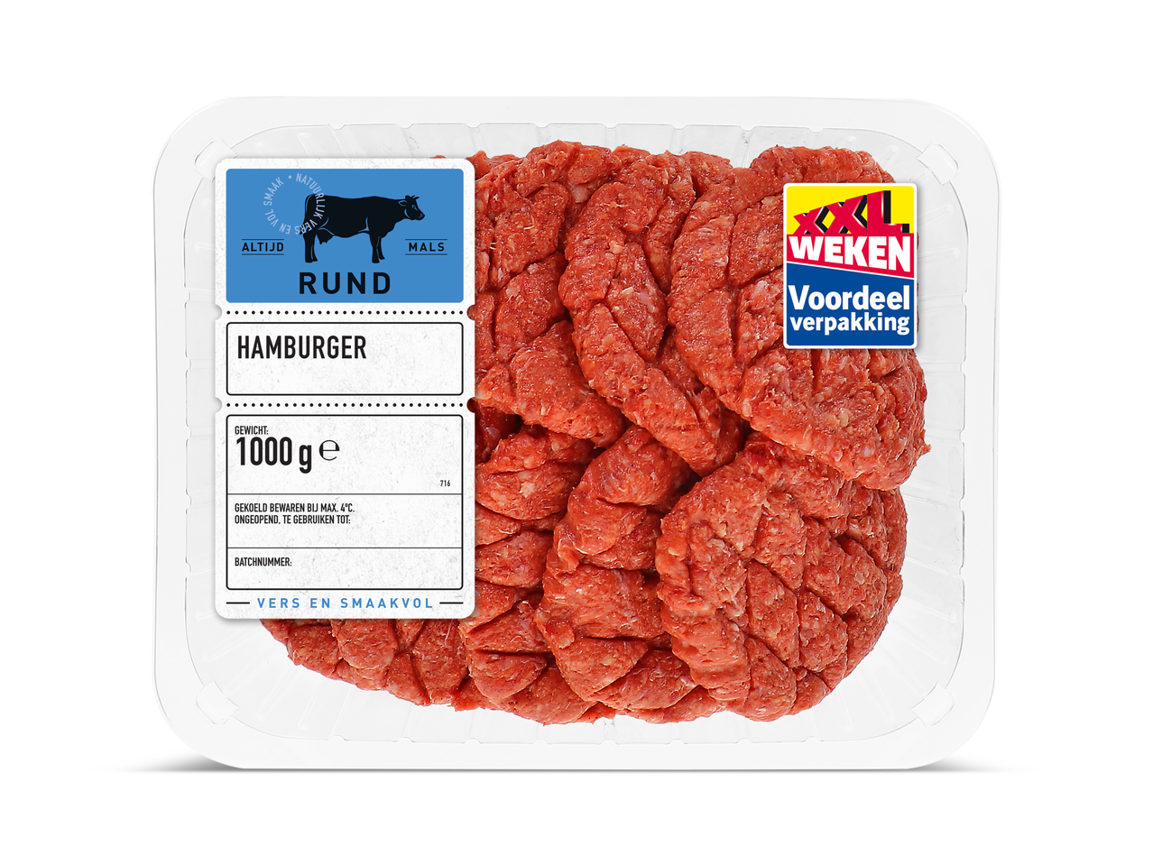Verpakking van 1000g runderhamburgers met een blauw-wit etiket.