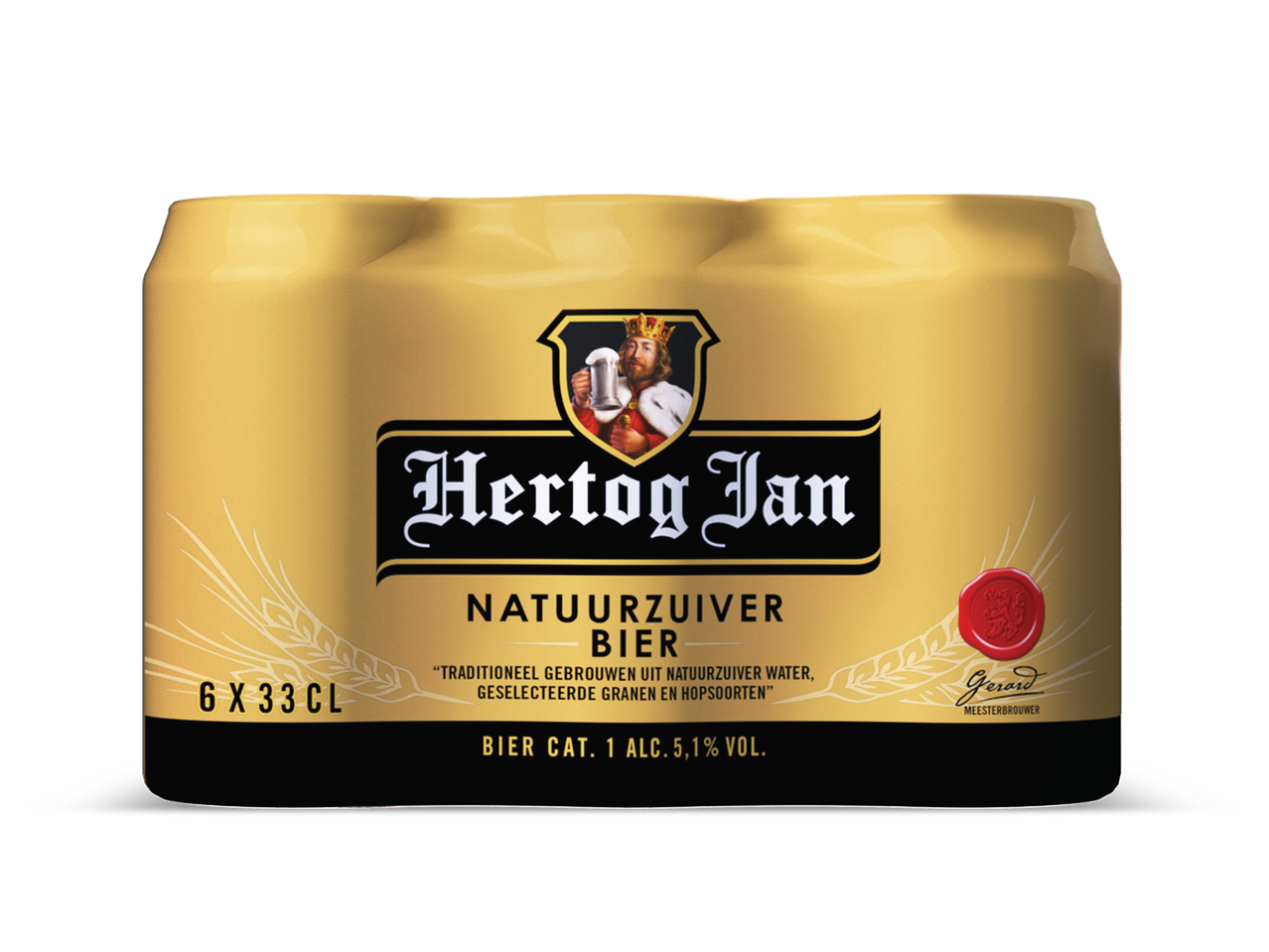 Zes blikjes bier met een gouden etiket, met de tekst 'Natuurzuiver Bier' en 5,1% alcohol.